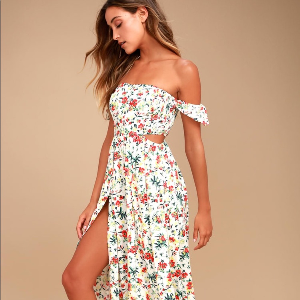 Lulu’s Easy on the Eyes Cream Floral Print Off-the-Shoulder Maxi Dress